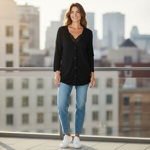 Geoffrey Beene Black Silk Stretch V-Neck Sweater Lace Trim Button Front Top M